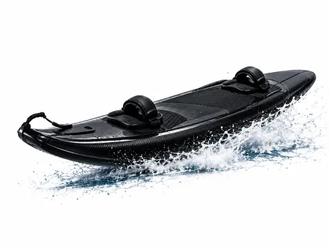 Black electric surfboard above a water spray
