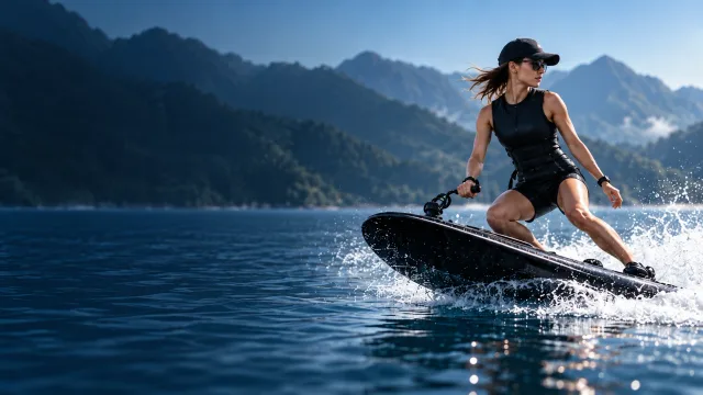 Electric surfboard rider on a mountain lake