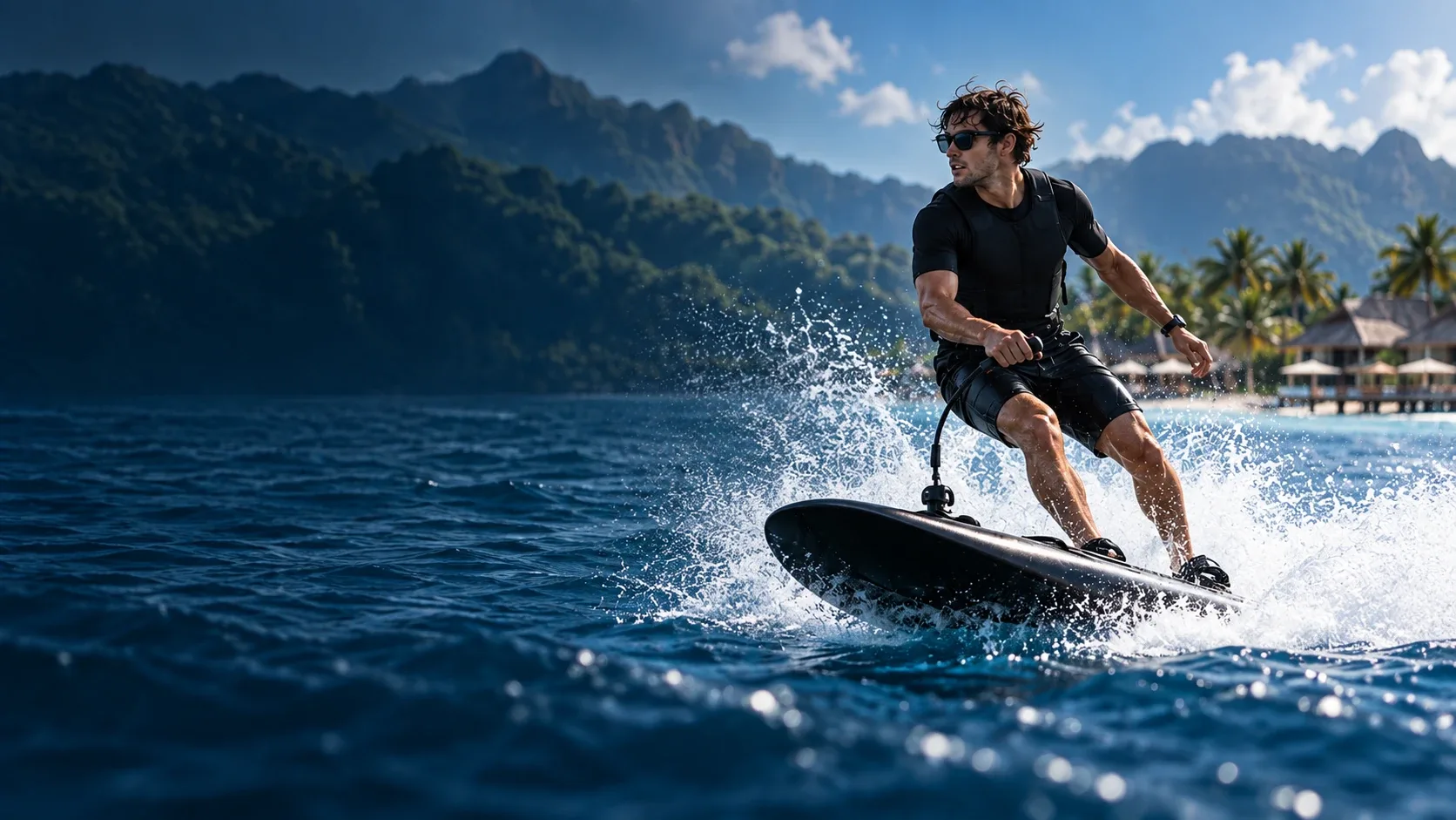 Rider on a black electric surfboard against a tropical mountain coast