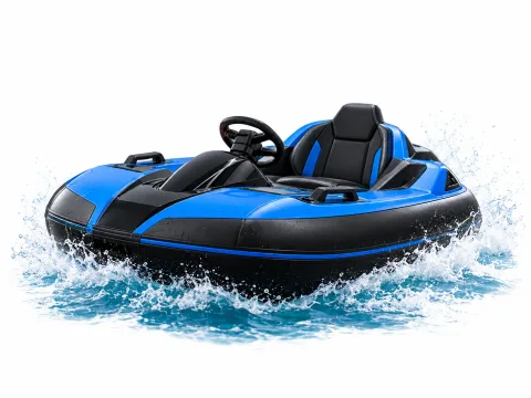 Blue electric go-kart boat on water